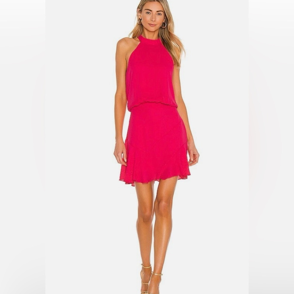 krisa Asymmetrical Flare Halter Mini Dress Freesia Pink XS NWT $209